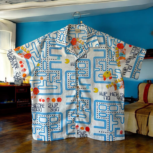 Camp shirt upcycled fr vintage Pac-Man fabric - 2XL