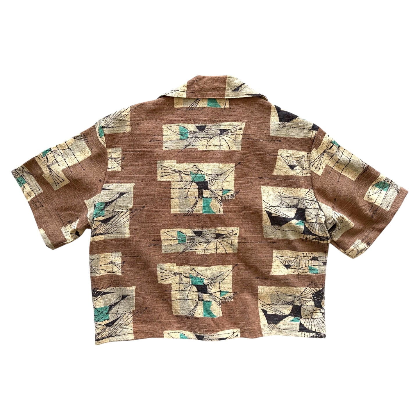 Brown abstract barkcloth cropped camp shirt [L]