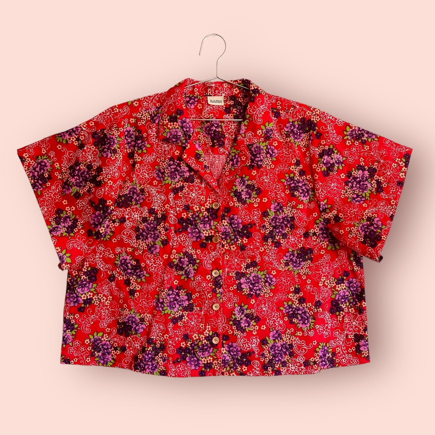 Eugene Vintage Magenta Floral Bark cloth Camp Shirt w/ oversized sleeves - Sz OSP