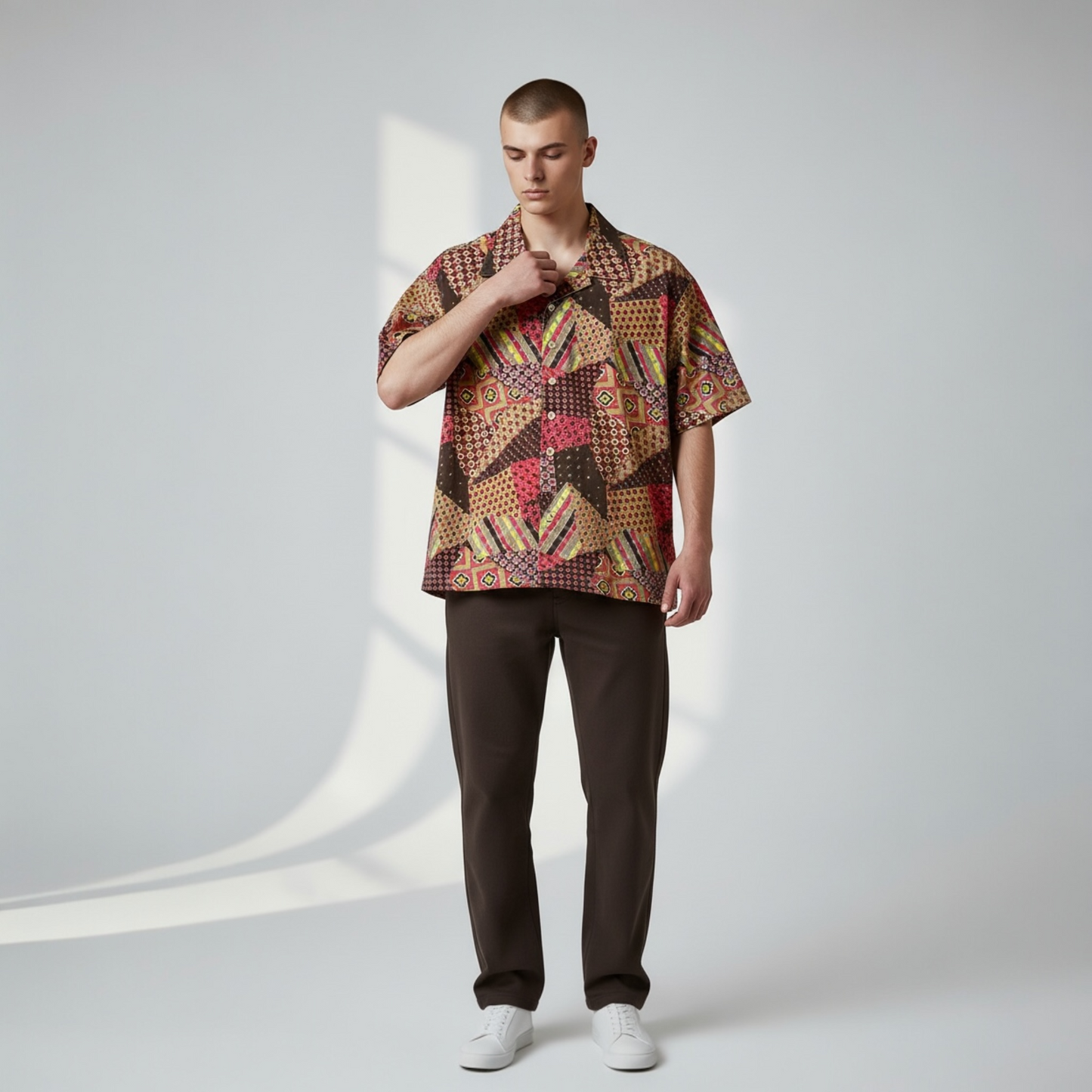 Patchwork print camp shirt  [XL]