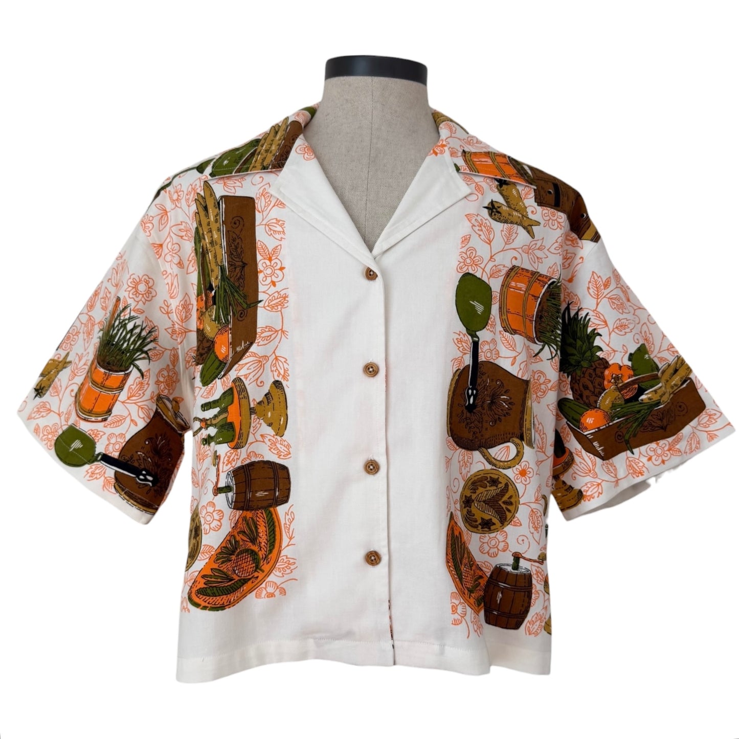 Retro potted plants  cropped camp shirt [XL]