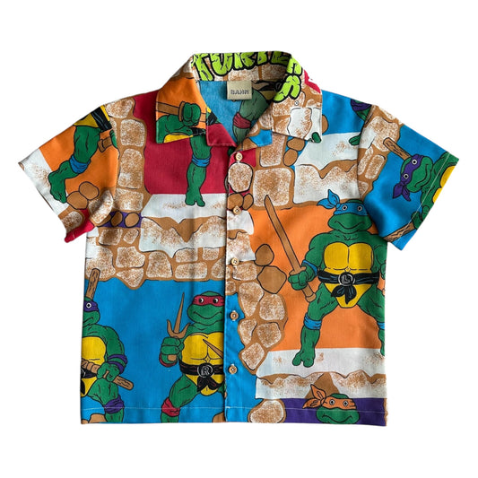 Kids’ camp shirt upcycled fr Teenage Mutant Ninja Turtles fabric [XL]