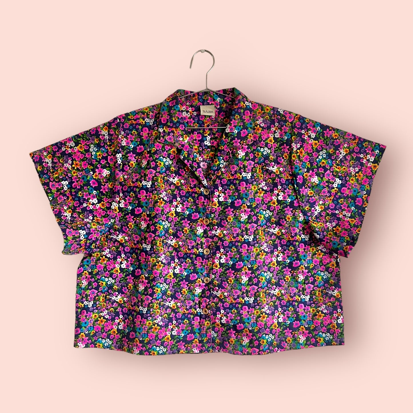Eugene Vintage Violet Floral Bark Cloth Camp Shirt w/ oversized sleeves - Sz OSP