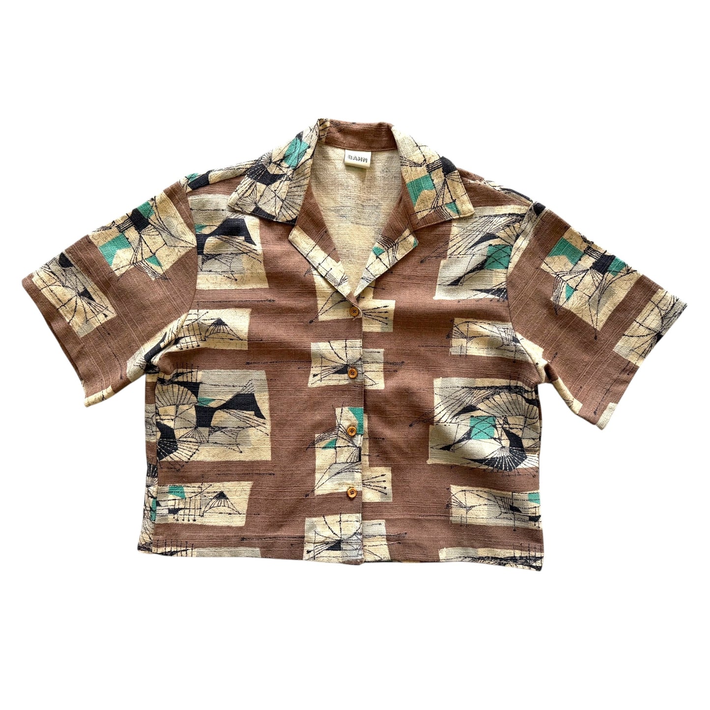 Brown abstract barkcloth cropped camp shirt [L]