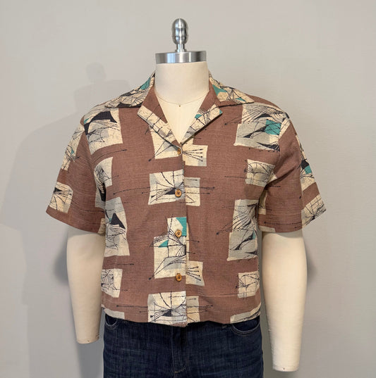 Brown abstract barkcloth cropped camp shirt [L]