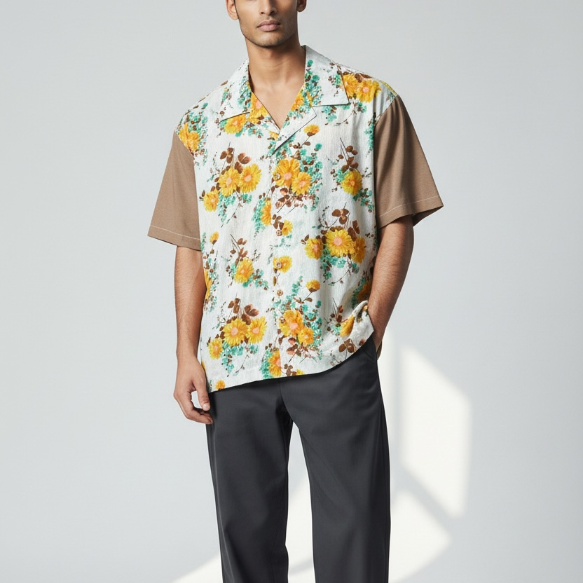 Floral semi sheer camp shirt  [XL]