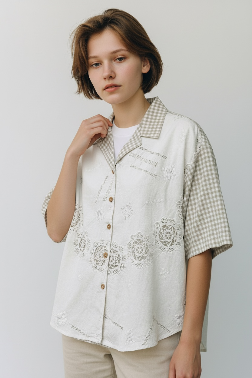 Lace Gingham Winston linen shirt [OS]