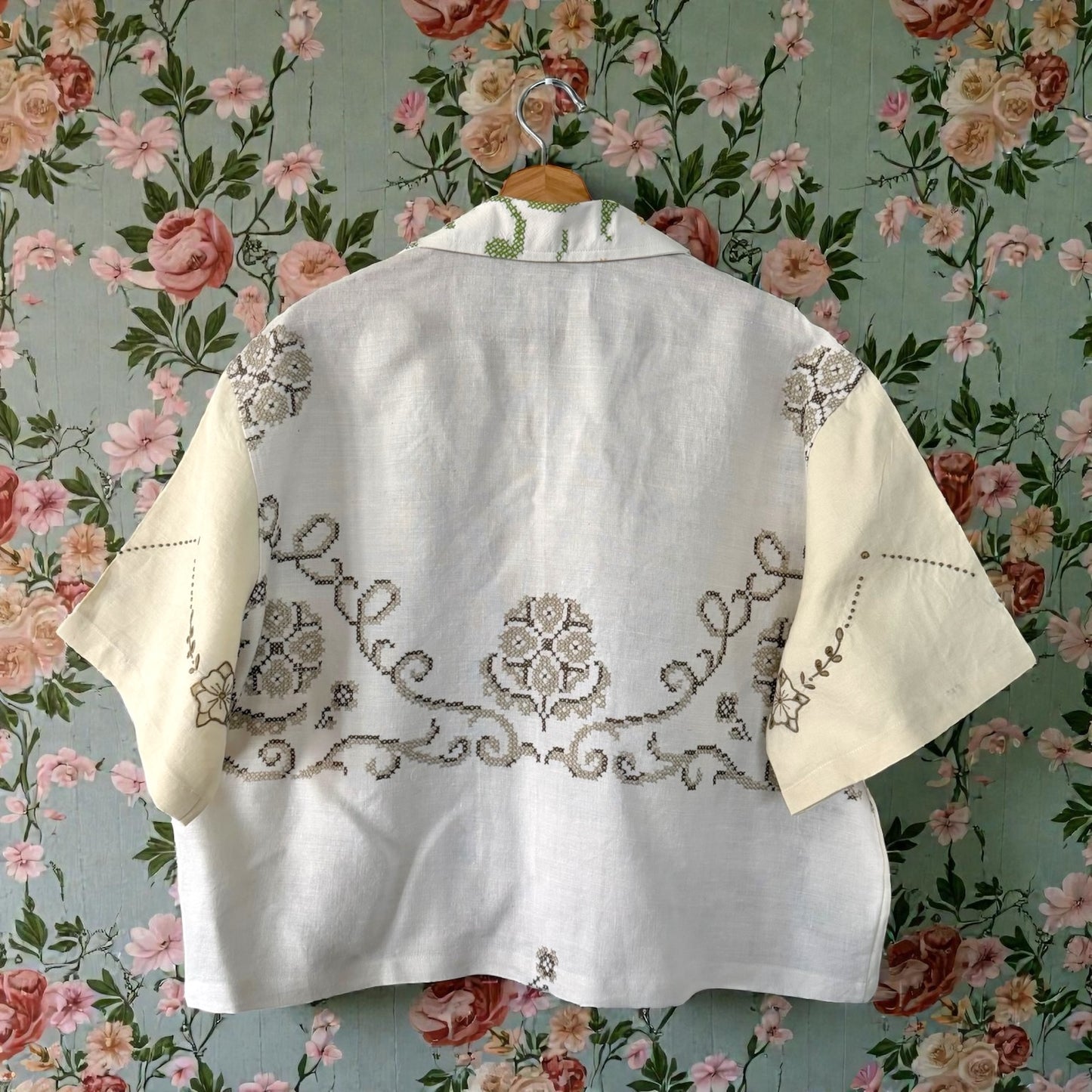 California linen tea towel cropped camp shirt [XL]