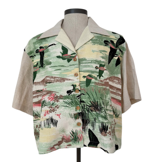 Flying Ducks barkcloth cropped camp shirt [XL]