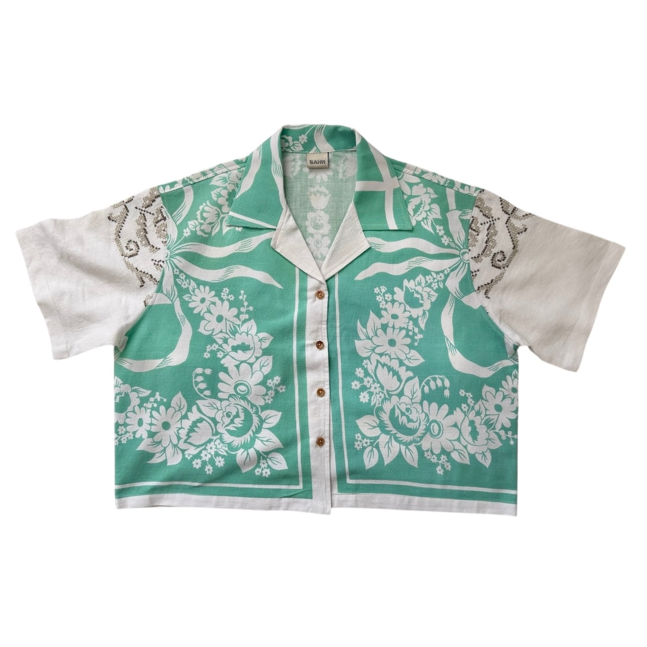 Bow tie cross-stitched cropped camp shirt [XL]