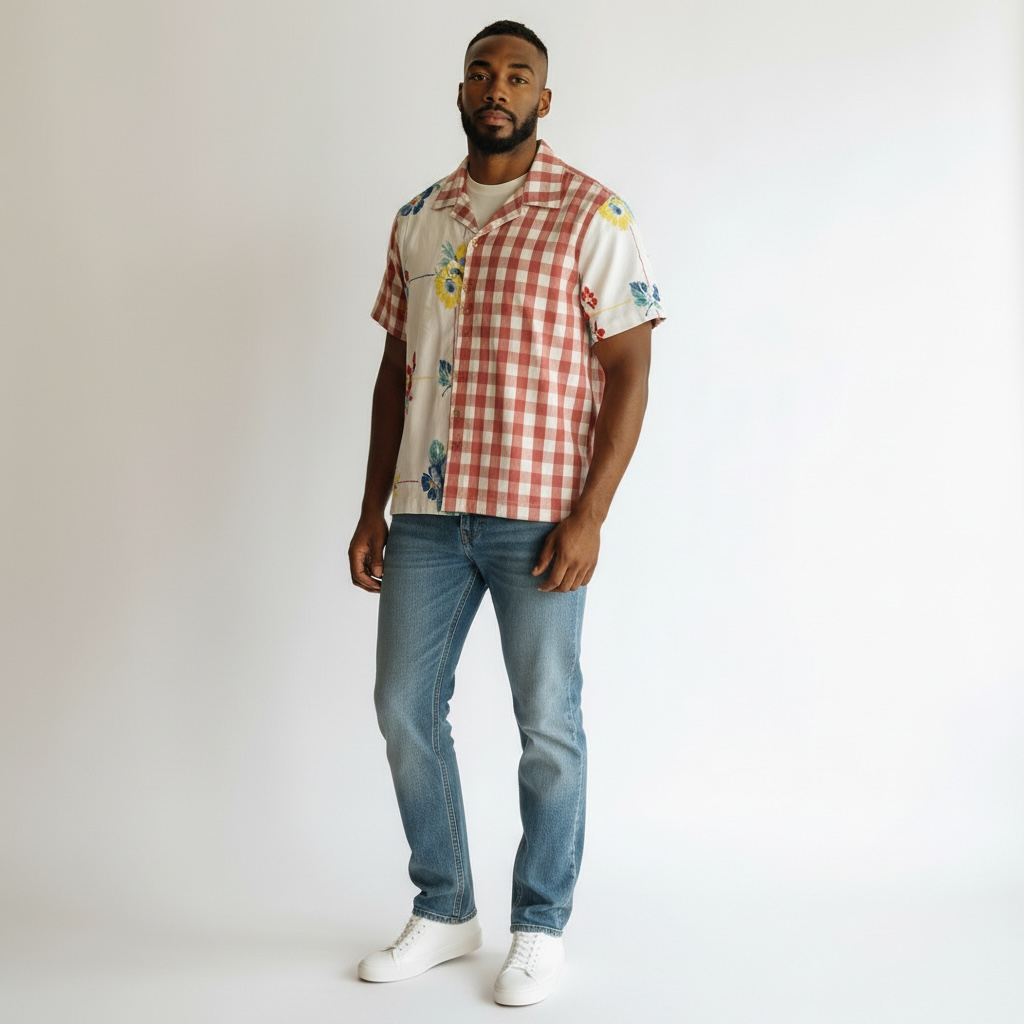 Red Gigham Floral camp shirt  [XL]