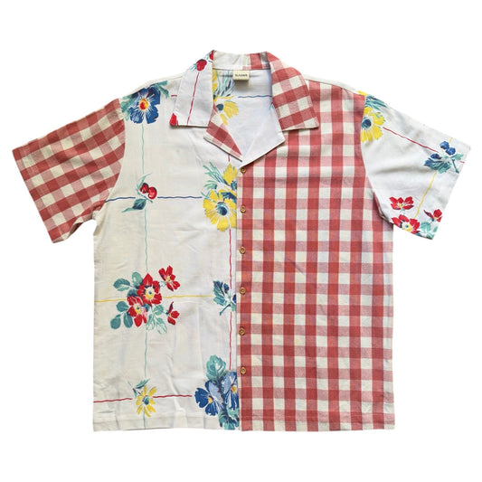 Red Gigham Floral camp shirt  [XL]