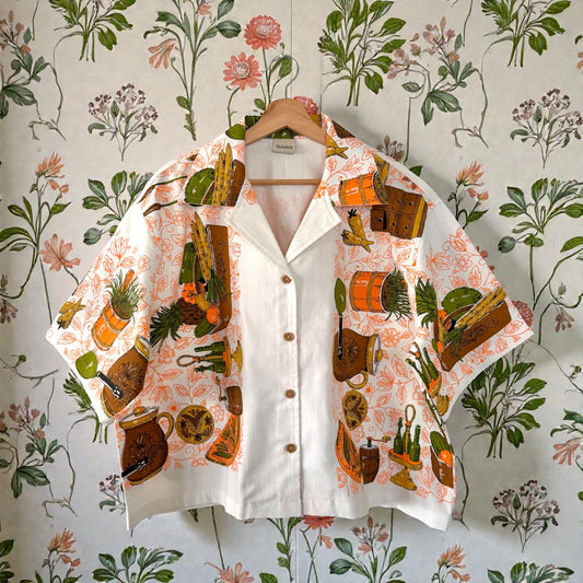 Retro potted plants  cropped camp shirt [XL]