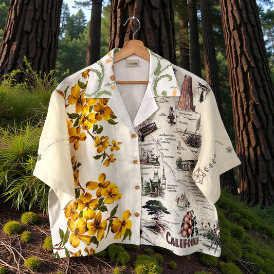 California linen tea towel  cropped camp shirt [XL]