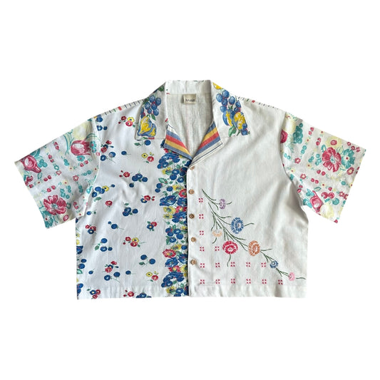 Cropped camp shirt upcycled fr vtg dish towels [XL]