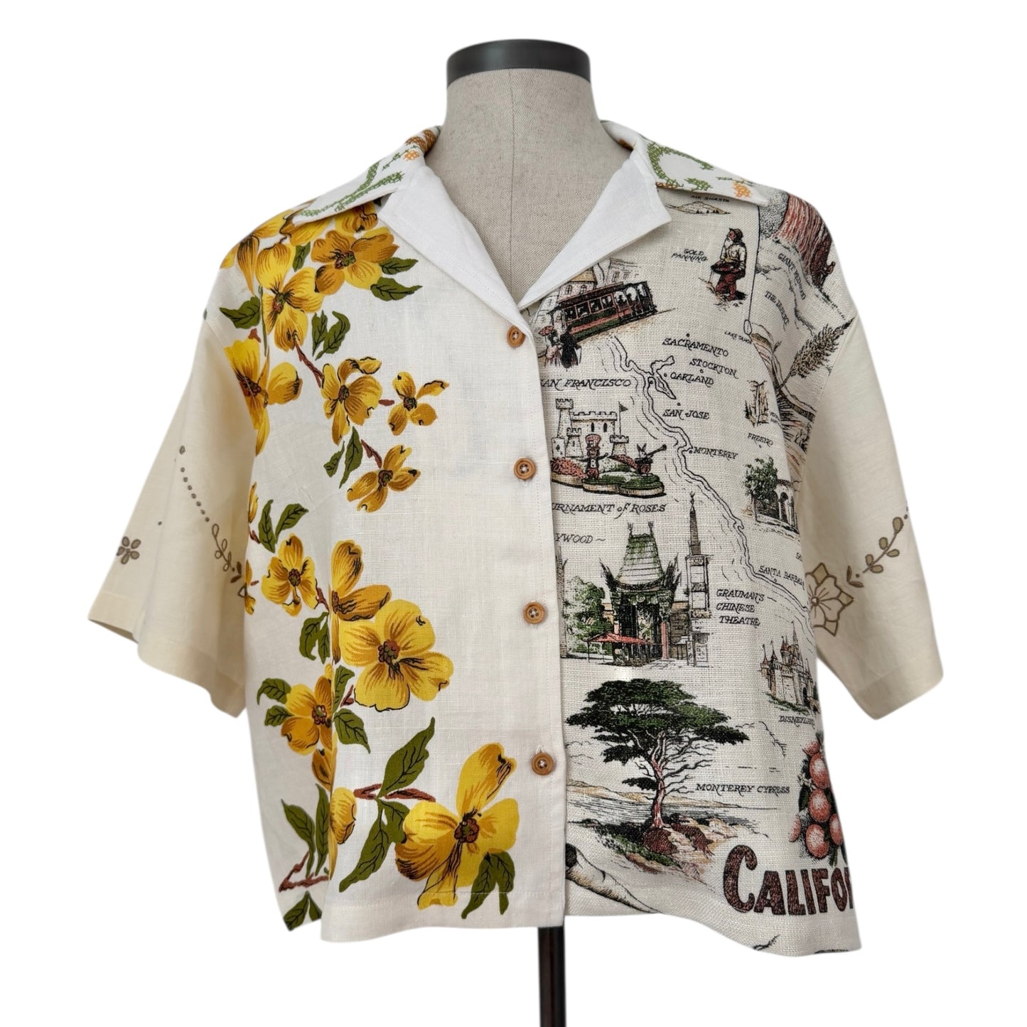 California linen tea towel cropped camp shirt [XL]