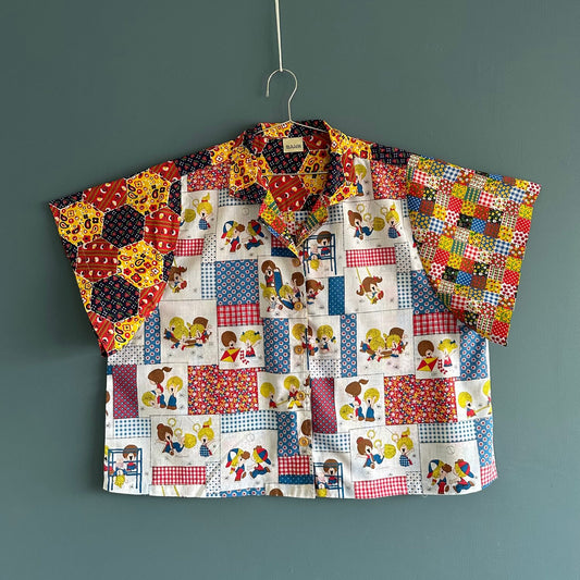 Eugene Little Loveables Patchwork vintage camp shirt w/ oversized sleeves - Sz OS